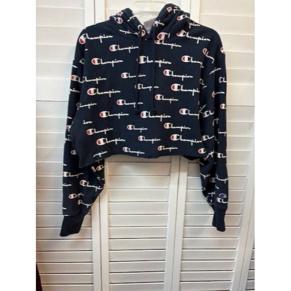 Champion Womens Cropped Hoodie Sweatshirt Size L Navy With Logo Print Cotton Ble